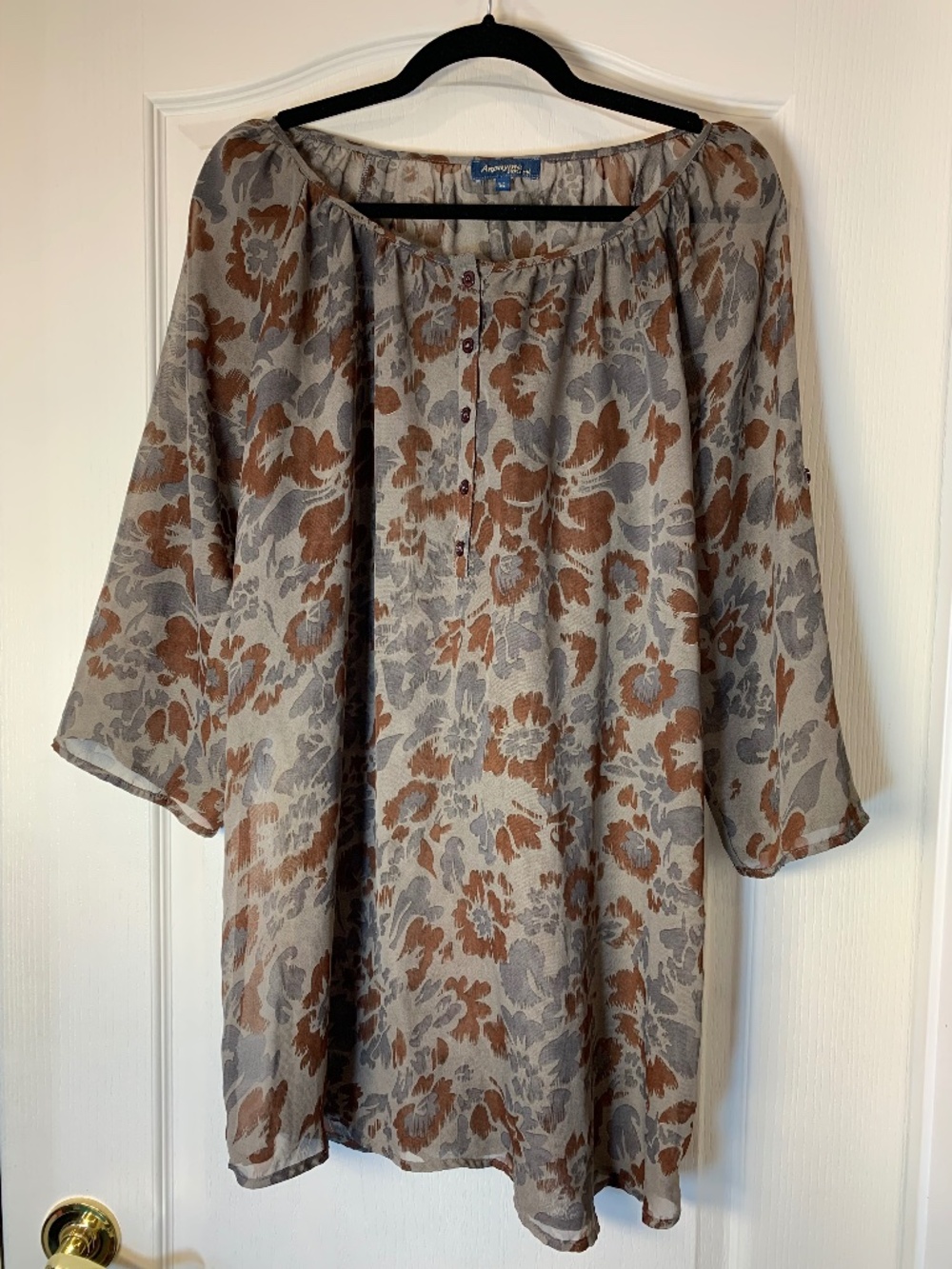 Anonyme Sans Toi Women's Large Sheer Floral Tunic Blouse Brown Boho Long Sleeve